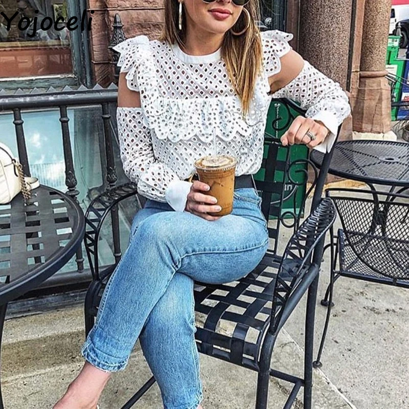 Yojoceli Cold shoulder white lace blouse women Autumn ruffle hollow out daily party blouse Chic elegant female top blusas
Yojoceli Cold shoulder white lace blouse women Autumn ruffle hollow out daily party blouse Chic elegant female top blusas