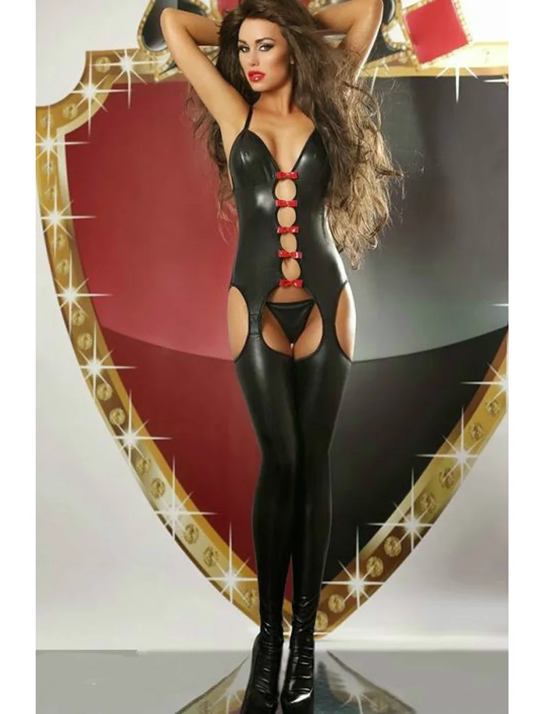 Женское белье с вырезом Babydoll black Wet Look боди красным бантом готическое
