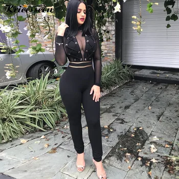 

Kricesseen Sexy Net Yarn Splicing Eyelet Detail High Waist Bodycon Jumpsuit Women Patchwork Long Sleeve Skinny Jumpsuit Rompers