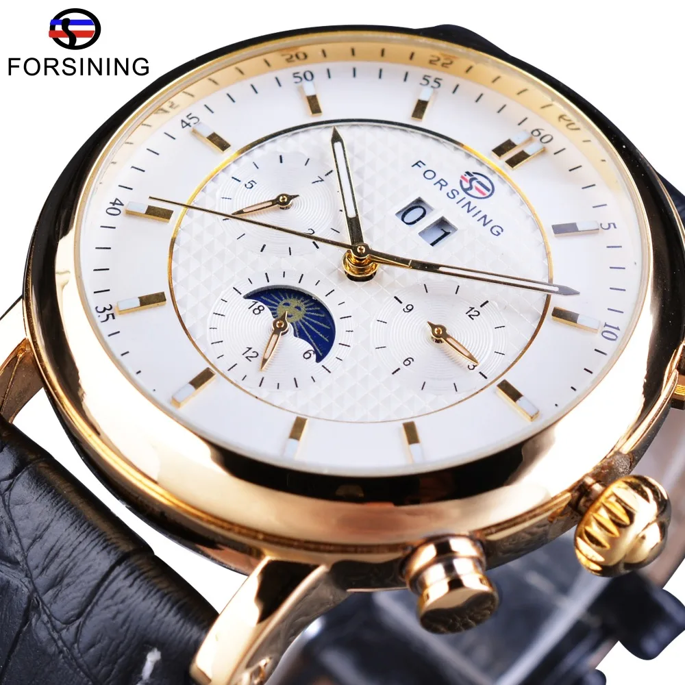 Forsining White Golden Moon Phase Design Calendar Display Fashion Luxury Genuine Leather Men Automatic Watches Top Brand Luxury
Forsining White Golden Moon Phase Design Calendar Display Fashion Luxury Genuine Leather Men Automatic Watches Top Brand Luxury