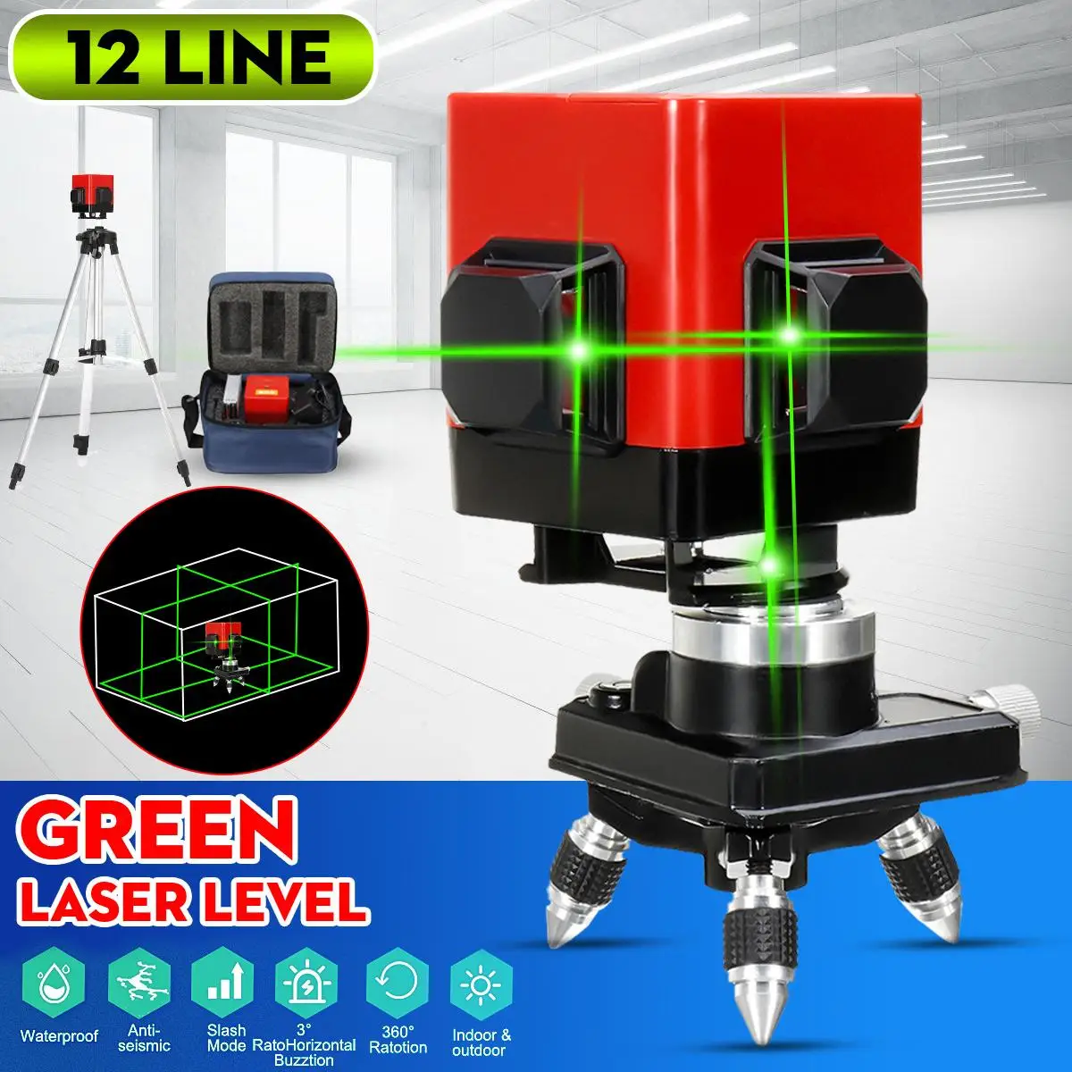 3D 360 Degree 12 Line Green Light Laser Level Auto Self Floor Tile Leveling+Controller Waterproof US Plug Wear-resisting
3D 360 Degree 12 Line Green Light Laser Level Auto Self Floor Tile Leveling+Controller Waterproof US Plug Wear-resisting