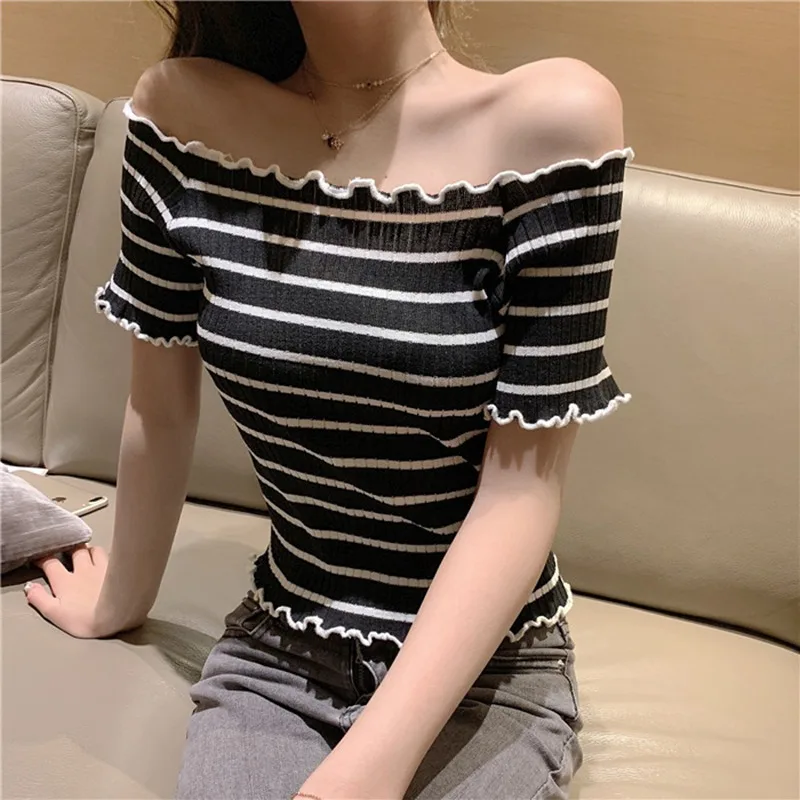 Womens Sexy Slash Neck Striped Tshirts Girl Fashion Knitted Short Sleeve Ruffles Summer T-shirt Women's Top
Womens Sexy Slash Neck Striped Tshirts Girl Fashion Knitted Short Sleeve Ruffles Summer T-shirt Women's Top