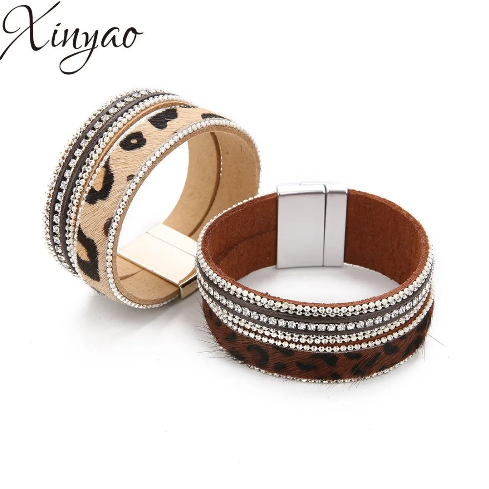 XINYAO Leopard Bangle Female Ball Chains Crystal Fashion Alloy Print Wide Leather Bracelets Women Wedding Jewelry | Украшения и
