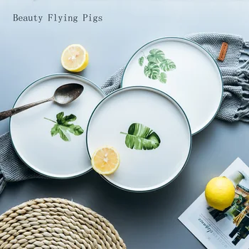 Ins tableware green plant round Nordic white ceramic tableware creative simple six style Western steak plate free mail
Ins tableware green plant round Nordic white ceramic tableware creative simple six style Western steak plate free mail