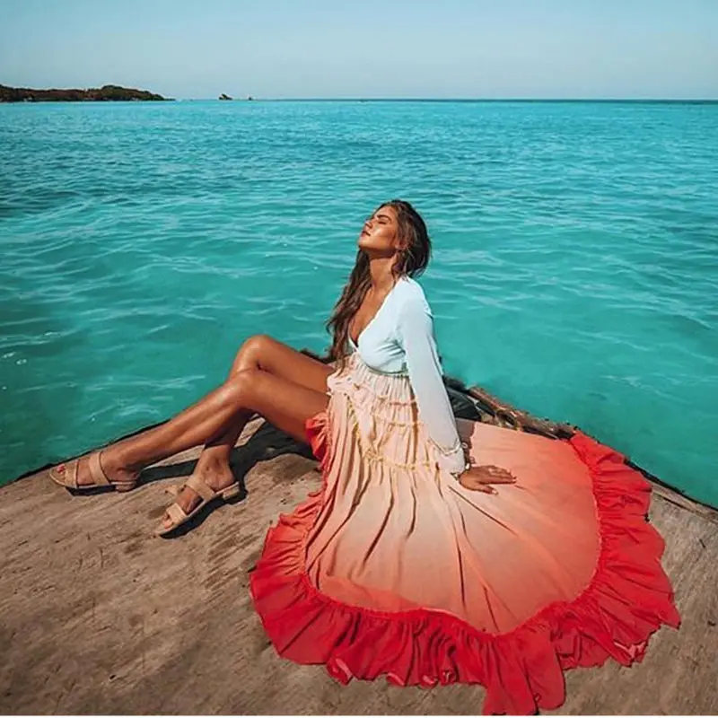 2019 Women Summer Boho Maxi Dress Rainbow Gradient Color Long Sleeve Elegant Beach Dress Button Cardigan Loose Casual Vestidos
2019 Women Summer Boho Maxi Dress Rainbow Gradient Color Long Sleeve Elegant Beach Dress Button Cardigan Loose Casual Vestidos