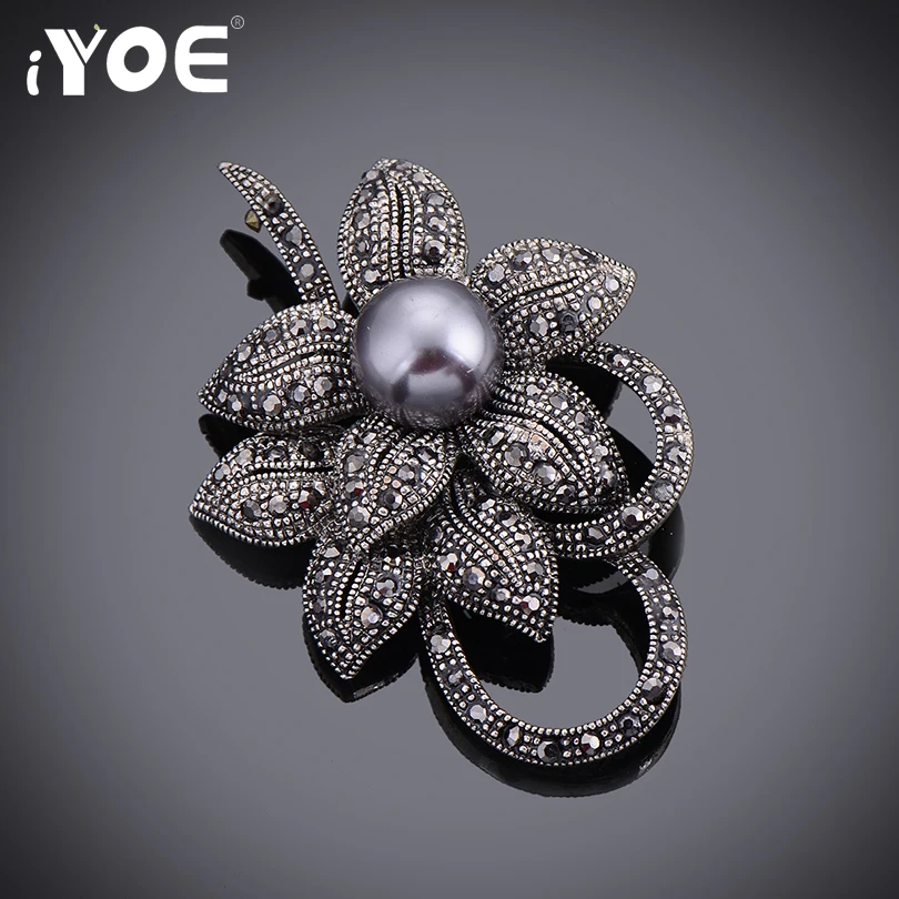 

IYOE Antique Silver Simulated Pearl Brooches for Women Trendy Double Black Rhinestone Flower Brooch Fashion Corsages Hijab Pins