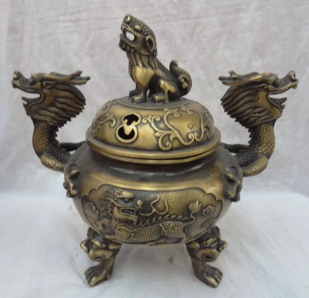007944 12" Chinese Bronze Dragon Head Kylin Deer Statue Lion Incense Burner Censer
