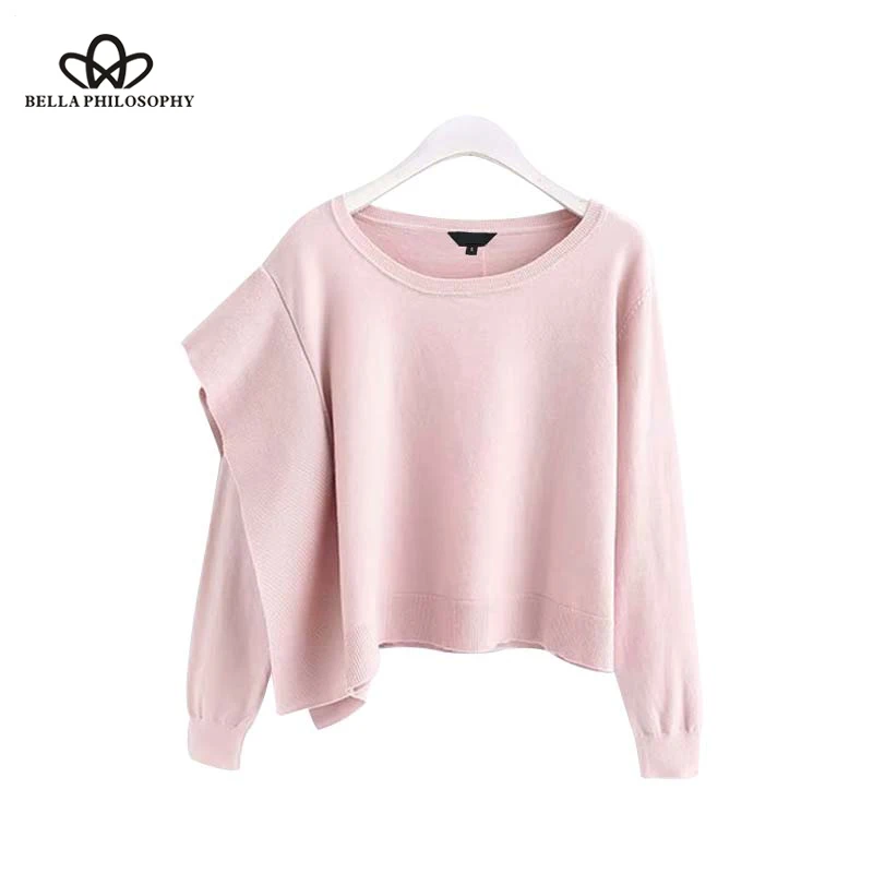 Bella Philosophy women sweet ruffled knitted sweater long sleeve o neck stretchy pullovers female short style pink cute tops | Женская