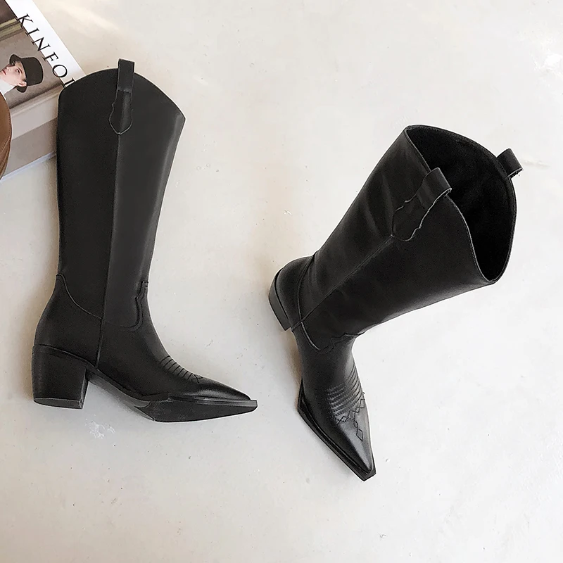 ISNOM/ковбойские женские сапоги до колена модная прошитая обувь с острым носком