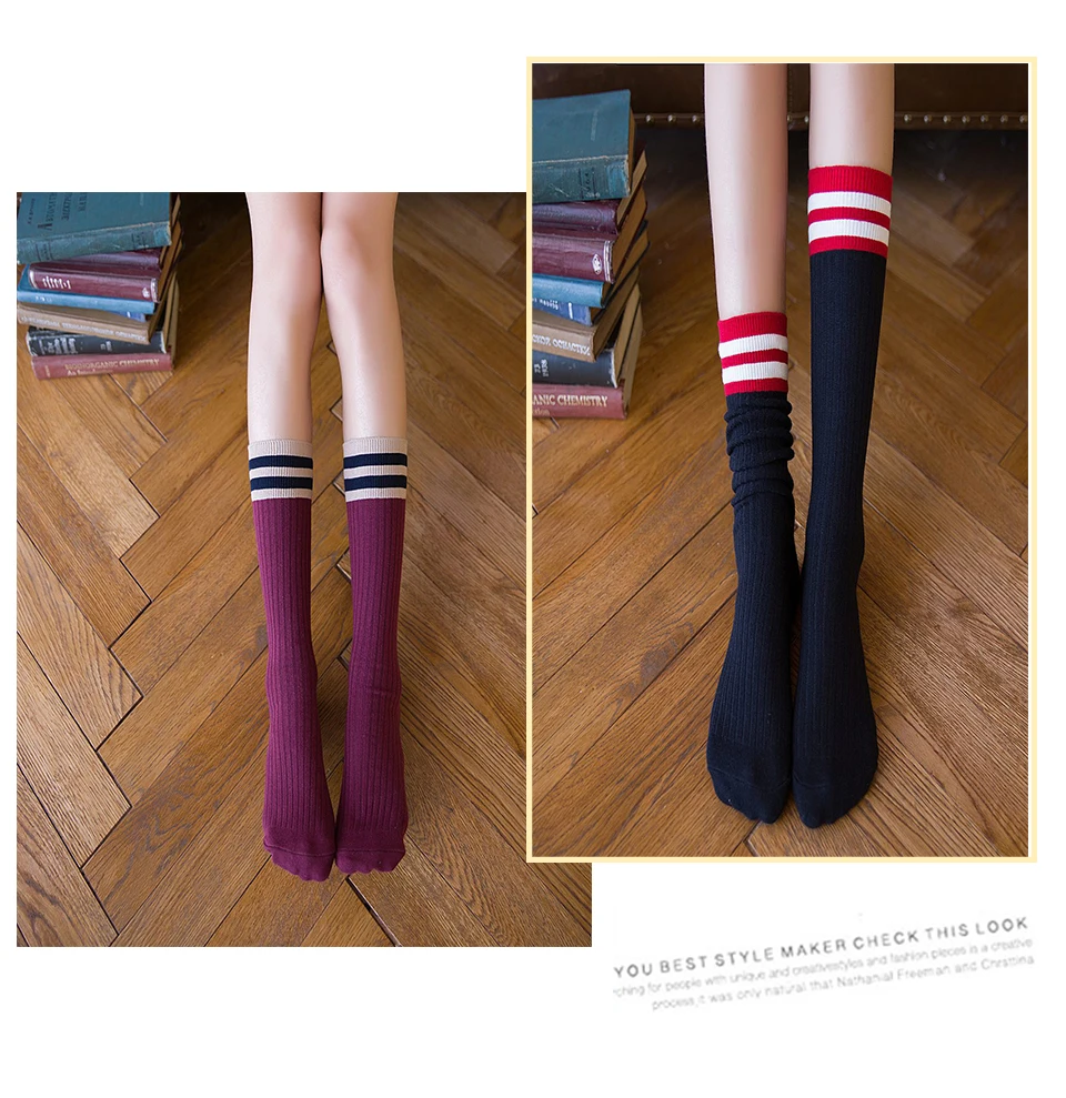 Harajuku Autumn And Winter Warm Fashion Two Bar Stripes Casual Cute Female New Pile In Tube Socks Cotton Japan and South Korea (4)