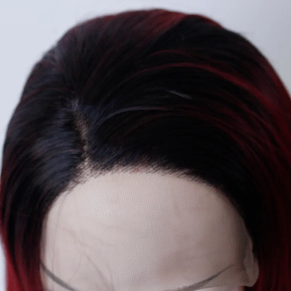 alt=''Black to Wine Red Ombre Long Straight High Temperature Fiber Heat Resistant Natural Synthetic Lace Front Women Wigs with Natural Hairline''-2
