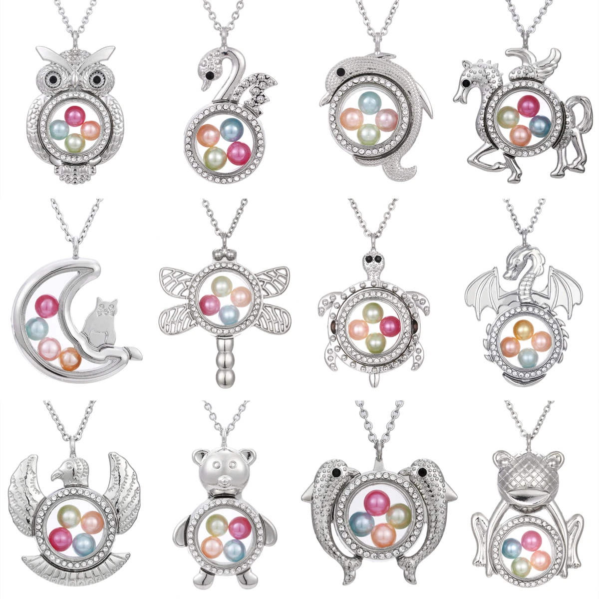 Silver Owl Cat Moon Dragon Glass Floating Living Memory Locket Pendant Necklace Rhinestone Pearl Cage Charms Statement Necklace
Silver Owl Cat Moon Dragon Glass Floating Living Memory Locket Pendant Necklace Rhinestone Pearl Cage Charms Statement Necklace