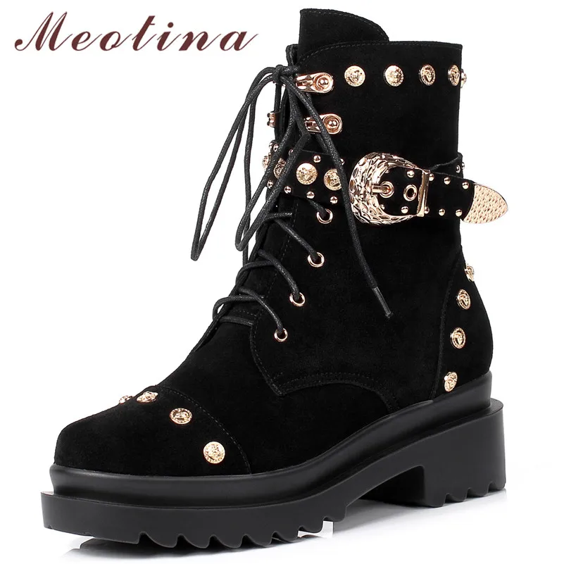 Meotina Winter Genuine Leather Motorcycle Boots Women Cow Suede Buckle Thick Heel Ankle Boots Punk Rivets Zipper Shoes Lady Fall
Meotina Winter Genuine Leather Motorcycle Boots Women Cow Suede Buckle Thick Heel Ankle Boots Punk Rivets Zipper Shoes Lady Fall