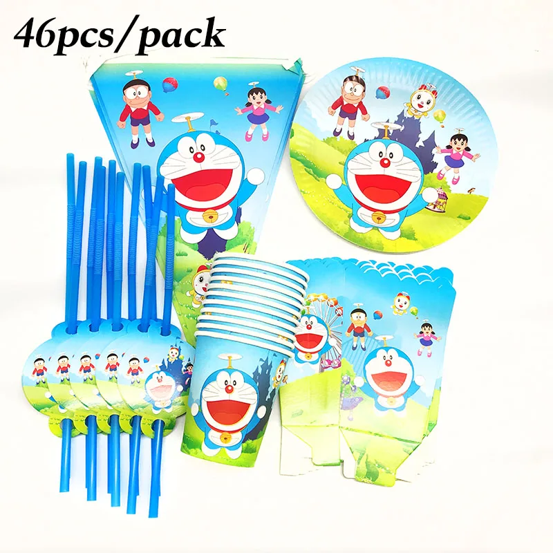 Фото 46pcs Doraemon disposable tableware sets theme plates cups banners straws popcorn boxes kids birthday party supplies | Дом и сад