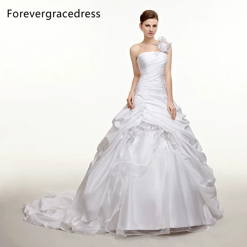 Фото Forevergracedress скромные длинные свадебное платье тафта одно плечо ручной цветок