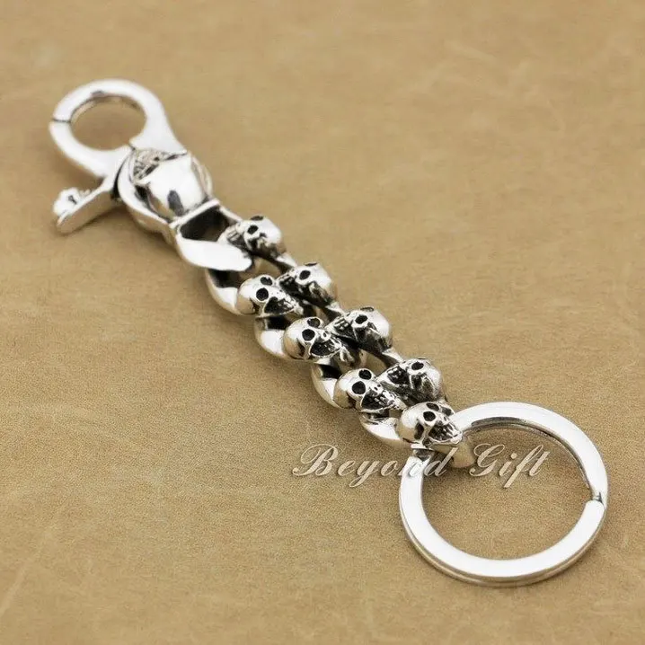 

Punk Fashion Waist Pendant Solid 925 Sterling Silver Cool Men's Biker Skull Keychain Keyring 9N005KC