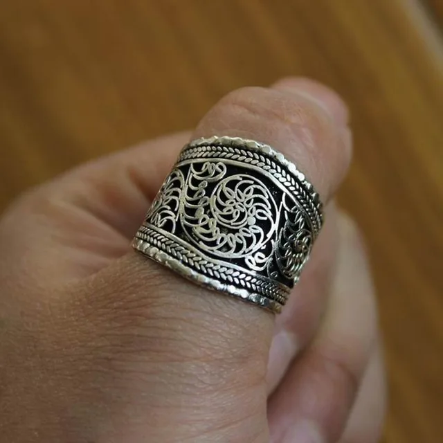 Bagues vintage en argent tibétain pour hommes, bague de pouce, bague arrière injOpen, bague réglable, fleur reconquise à la main, RG078 2