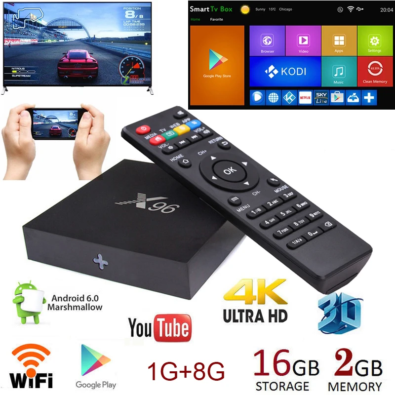 X96 Quad Core Android 6.0 HDMI TV AV HD Media Player Smart Video Box 4K Wifi 1GB+8GB 2GB+16GB for iOS Android Phone Adapter
X96 Quad Core Android 6.0 HDMI TV AV HD Media Player Smart Video Box 4K Wifi 1GB+8GB 2GB+16GB for iOS Android Phone Adapter