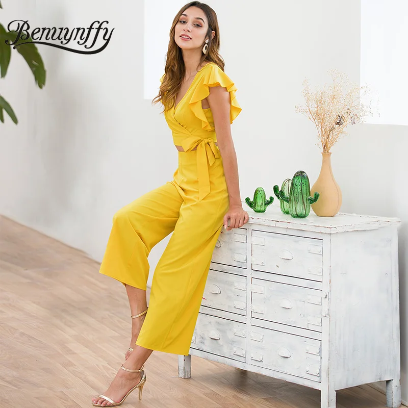 Benuynffy Yellow Casual Summer Women Set Ruffle Sleeve V-Neck Tie Crop Top and High Waist Wide Leg Pants Two Piece Set 2019
Benuynffy Yellow Casual Summer Women Set Ruffle Sleeve V-Neck Tie Crop Top and High Waist Wide Leg Pants Two Piece Set 2019