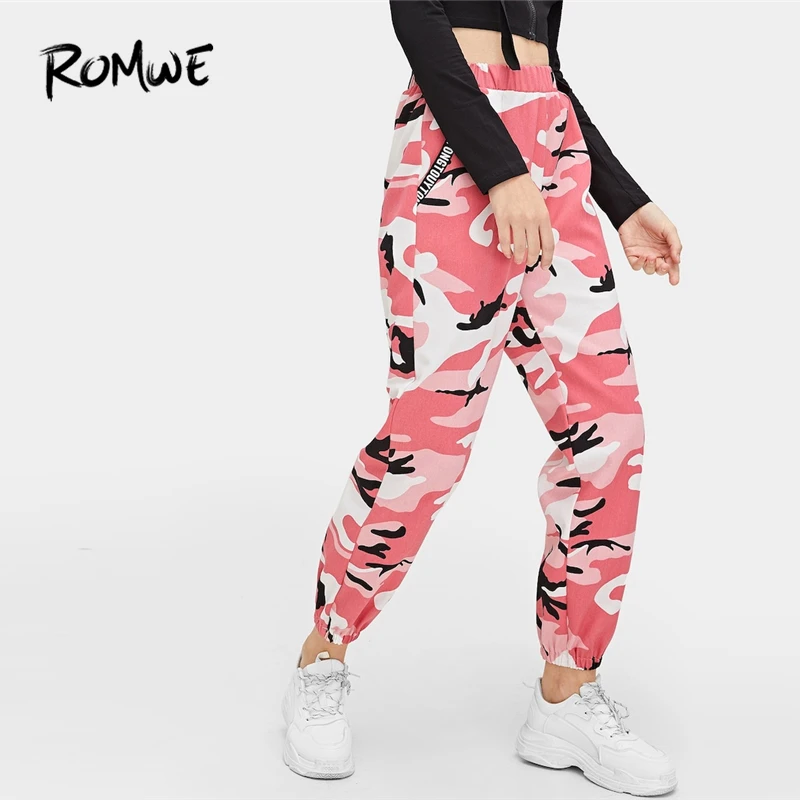 

ROMWE Camo Print Elastic Waist Pants 2019 Spring Autumn Letter Pants Women Tapered Carrot Camouflage Mid Waist Trousers