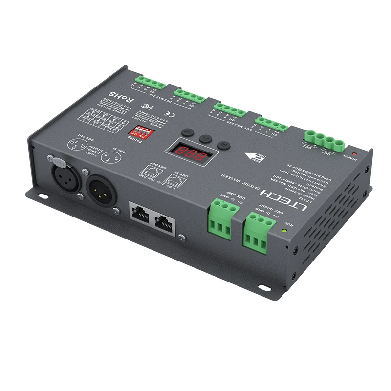 New LTECH LED DMX decoder DC12V - 24V input;4A*12CH Max. 48A 1152W output 12 Channel RGB Led Strip DMX CV Decoder; XLR-3/RJ45
New LTECH LED DMX decoder DC12V - 24V input;4A*12CH Max. 48A 1152W output 12 Channel RGB Led Strip DMX CV Decoder; XLR-3/RJ45
