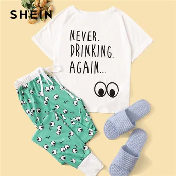 SHEIN Letter And Eye Rolled Cuff T Shirt And Pants Pajama Set Summer Casual Round Neck Pajamas For Women Ladies Sleepwear
SHEIN Letter And Eye Rolled Cuff T Shirt And Pants Pajama Set Summer Casual Round Neck Pajamas For Women Ladies Sleepwear