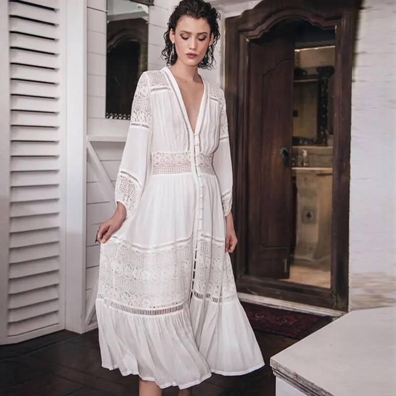 2018 Europe Caberet Plunging Neckline Hollow Out Lace Single Breasted Button Vintage Bohemian Femenino Dress Maxi Holiday Vestio
2018 Europe Caberet Plunging Neckline Hollow Out Lace Single Breasted Button Vintage Bohemian Femenino Dress Maxi Holiday Vestio