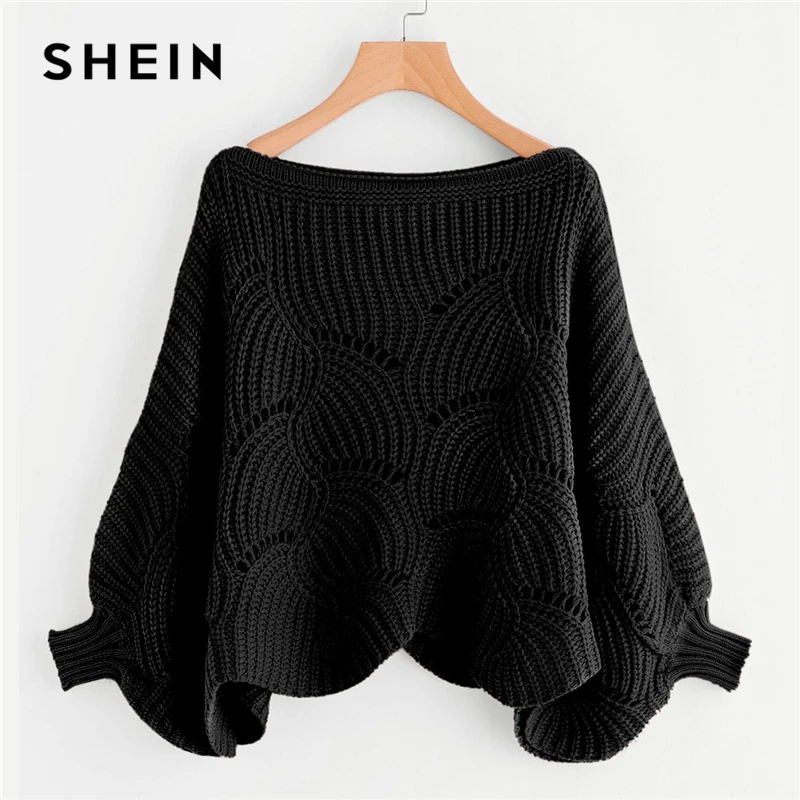 

SHEIN Black Preppy Solid Oversized Eyelet Detail Scallop Trim Batwing Sleeve Boat Neck Sweater 2018 Autumn Casual Women Sweaters