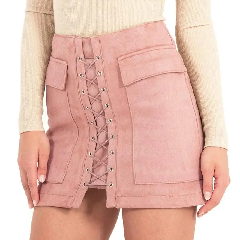 Image Women 90`s Vintage High Waist External Pocket Tight Suede Lace Up Skirt Autumn Winter Thick Pencil Skirt Preppy Mini Skirt