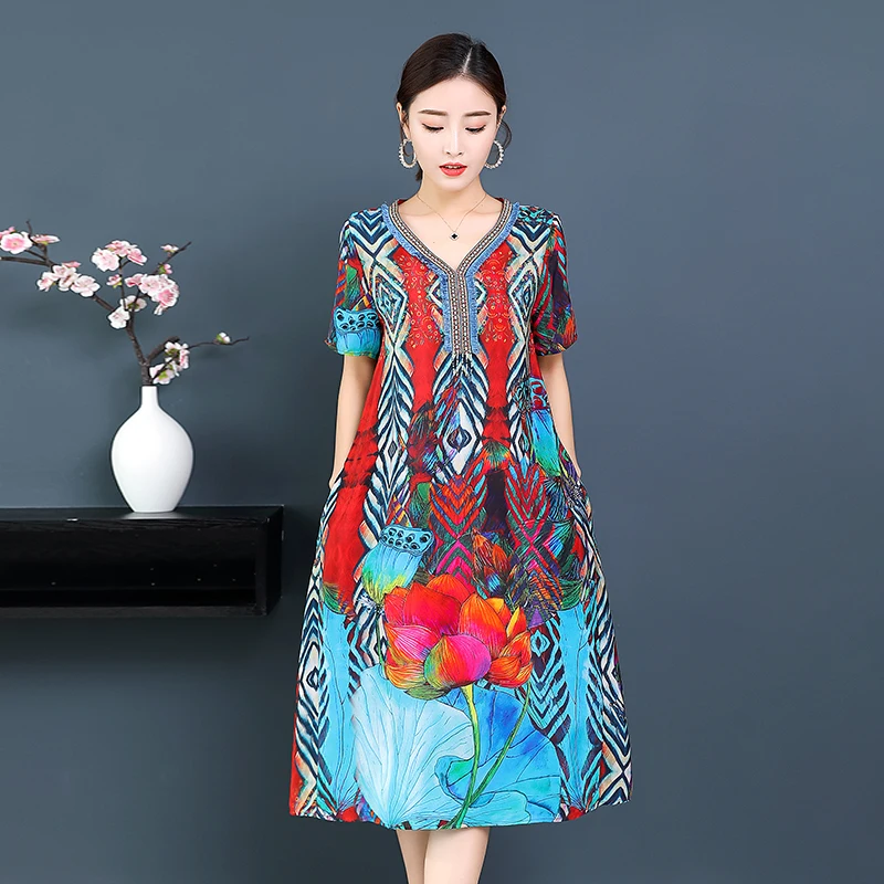 2018 New Women's Silk Dress Elegant Printed High Quality Retro Vintage Summer Autumn Plus Sleze Dress Short Sleeves V-neck Dress
2018 New Women's Silk Dress Elegant Printed High Quality Retro Vintage Summer Autumn Plus Sleze Dress Short Sleeves V-neck Dress
