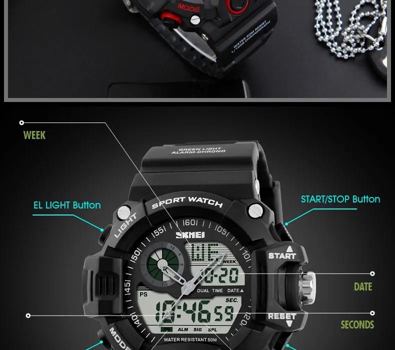Men Dual Display Wristwatches 50M Waterproof Outdoor Sport watch Chronograph Shock Resistant Sadoun.com