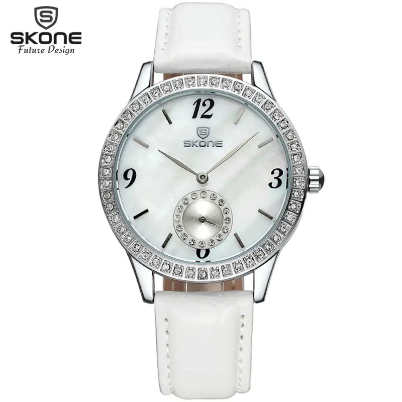 

Skone Real Small Seconds Dial Hardlex Crystal Silver Case Women Watches Luxury Fashion Leather Strap Watch Time Relogio Feminino