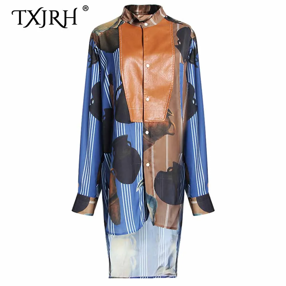 

TXJRH Stylish Pottery Print Spliced Faux Leather Shirt Stand Collar Single-breasted Long Sleeve Blouse Irregular HI-LO Hem Tops