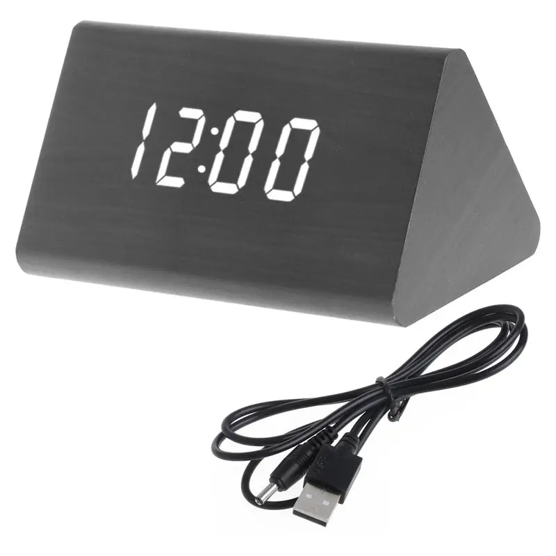 Shellhard Useful LED Display Sound Voice Control Alarm Clocks Snooze Simple Wooden Desk Clock with USB Cable for Home Bedroom