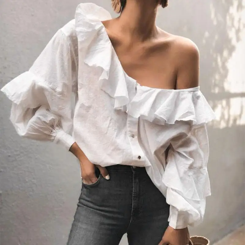 Aartiee Lantern long sleeve White blouse women Sexy 2019 Autumn Button shirts Ruffle oblique collar Blouses femininas elegant
Aartiee Lantern long sleeve White blouse women Sexy 2019 Autumn Button shirts Ruffle oblique collar Blouses femininas elegant