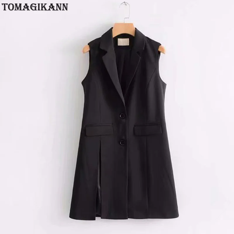 Brief Black Split Women Vest Coat 2019 Korean Solid Turn Down Collar Single Breasted Flap Pockets Waistcoat femme colete Tops | Женская