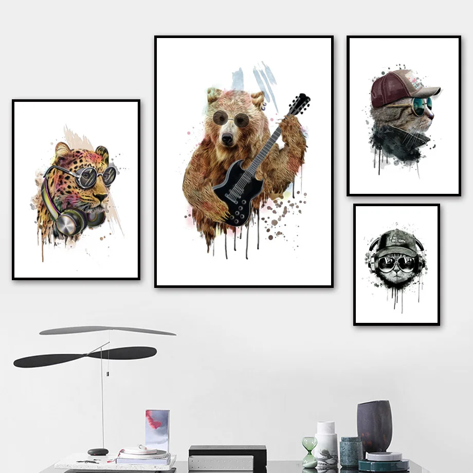 Cartoon-Bear-Leopard-Cat-Guitar-Music-Wall-Art-Canvas-Painting-Nordic-Posters-And-Prints-Animal-Wall