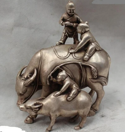 

Copper Brass CHINESE crafts decor ation Asian 8"Lucky China Chinese Zodiac Year Fengshui Silver Three Boy ride Ox Statue