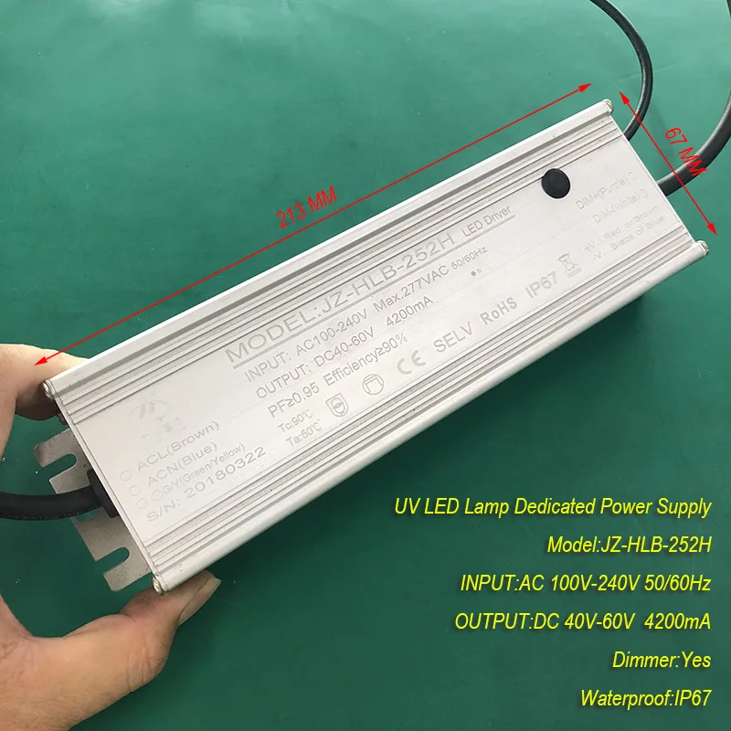 4.2A 250W IP67 waterproof Constant current source for UV LED module gel curing lamps INPUT AC 100V-240V OUTPUT DC 40V-60V 4200mA
4.2A 250W IP67 waterproof Constant current source for UV LED module gel curing lamps INPUT AC 100V-240V OUTPUT DC 40V-60V 4200mA