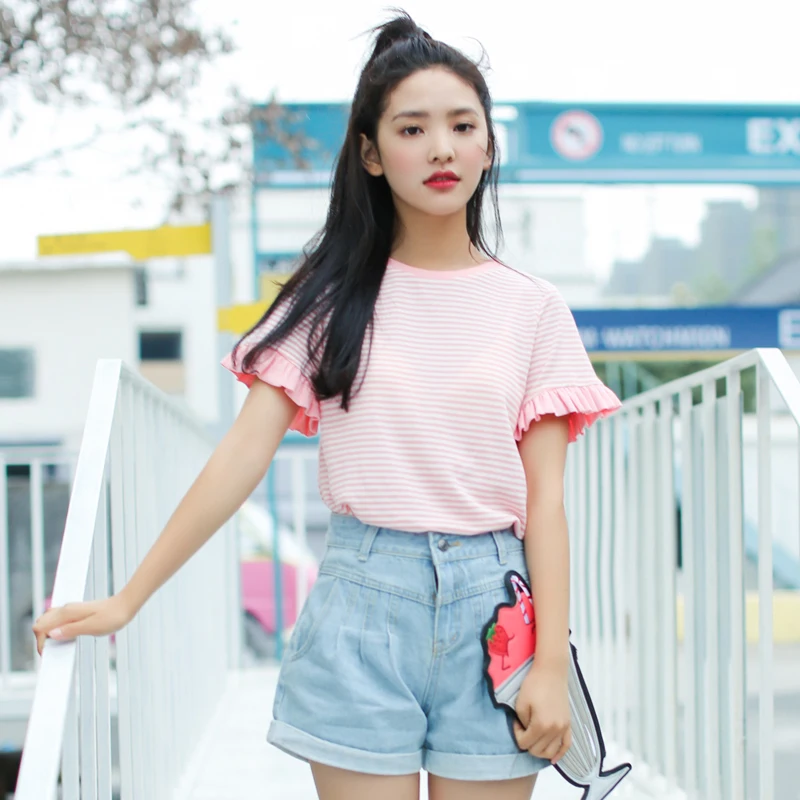 Macaron Color Candy Color Super Beautiful Orange Powder Trumpet Sleeves Lace Sleeves Striped Short-sleeved T-shirt Women
Macaron Color Candy Color Super Beautiful Orange Powder Trumpet Sleeves Lace Sleeves Striped Short-sleeved T-shirt Women