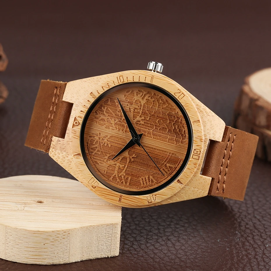 Life Tree Natural Wood Watch Men's Handcrafted Craving Quartz Analog Simple Leather Band Clock Bamboo Wood Wrist Watches for Men (9)
