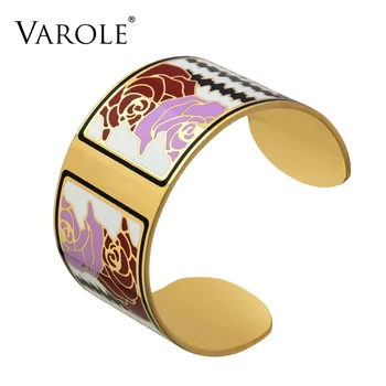 

VAROLE Rose Romantic Enamel Opening Bracelets&Bangles for Women Colorful Bracelet Jonc Cuff Love Pulseiras Feminina Jewelry