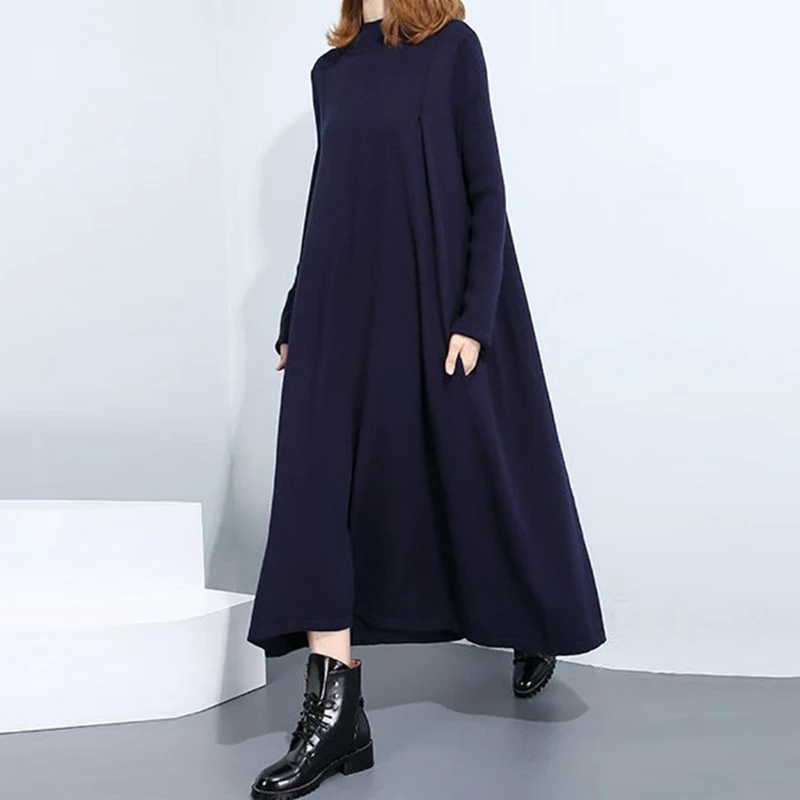 Surdimensionné L-5XL Femmes Tricoté Hiver Robes Chaudes og Manches Longues Col Haut Poches Latérales Longues Robe Solide Spørgsmål Plus La Waist Vestidos