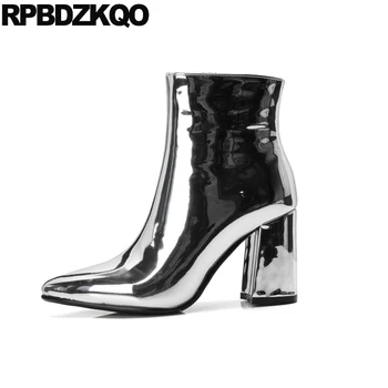 

10 metallic silver high heel shoes fur pointed toe chunky pointy brand big size patent leather winter booties women boots 2018