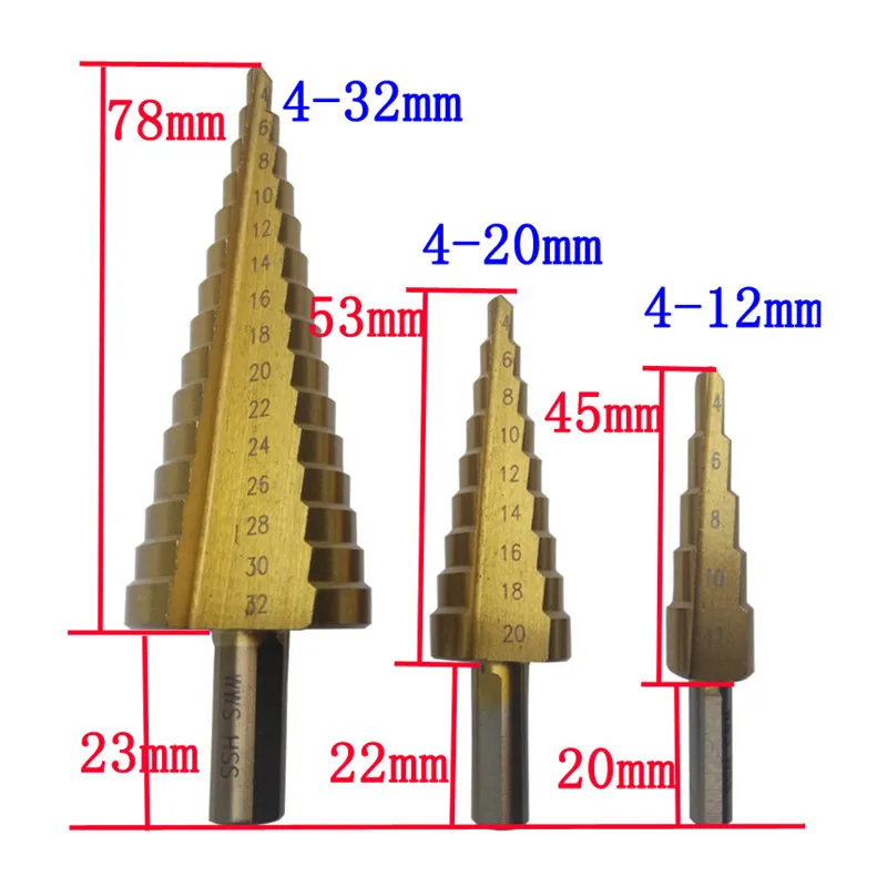3Pcs/lot HSS Steel Large Step Cone Titanium Coated Metal Drill Bit Cut Tool Set Hole Cutter 4-12/4-20/4-32mm
3Pcs/lot HSS Steel Large Step Cone Titanium Coated Metal Drill Bit Cut Tool Set Hole Cutter 4-12/4-20/4-32mm
