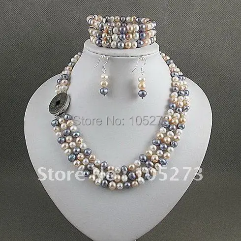 Charming!jewelry set 3rows AA 6-7MM mixes color Genuine freshwater pearl necklace bracelet earring Hot sale free shipping A2392
Charming!jewelry set 3rows AA 6-7MM mixes color Genuine freshwater pearl necklace bracelet earring Hot sale free shipping A2392