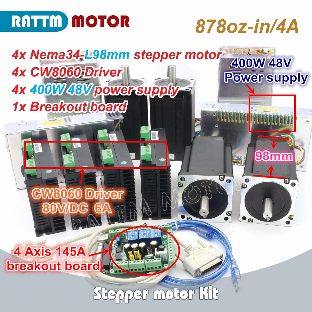 4 Axis NEMA34 878 oz-in CNC controller Kit Single shaft stepper motor + CW8060 Driver 6A 80V/DC for Large size Router Milling
4 Axis NEMA34 878 oz-in CNC controller Kit Single shaft stepper motor + CW8060 Driver 6A 80V/DC for Large size Router Milling