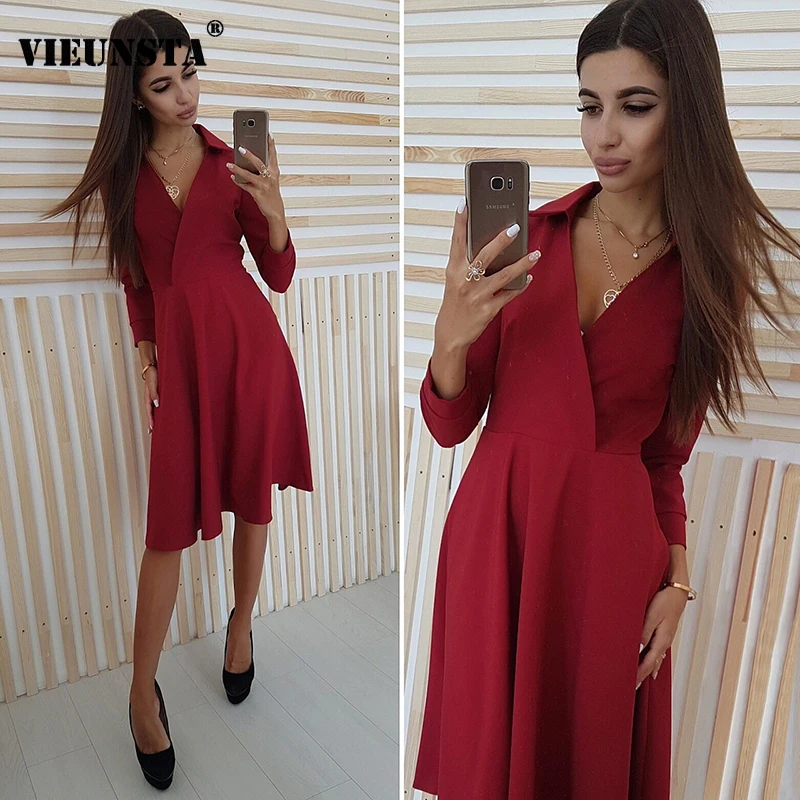 VIEUNSTA Sexy Deep V-neck Elegant A-Line Shirt Dress Women Solid Long Sleeve Autumn Dress Elegant Ladies Party Dresses Vestidos
VIEUNSTA Sexy Deep V-neck Elegant A-Line Shirt Dress Women Solid Long Sleeve Autumn Dress Elegant Ladies Party Dresses Vestidos