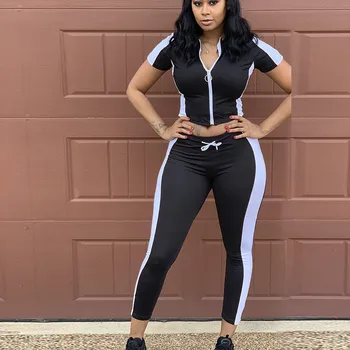 2019 Summer Fashion Patchwork Contrast Color Zippers Midriff-Baring Slim Short Tops Pants Women Two Piece Suits
2019 Summer Fashion Patchwork Contrast Color Zippers Midriff-Baring Slim Short Tops Pants Women Two Piece Suits