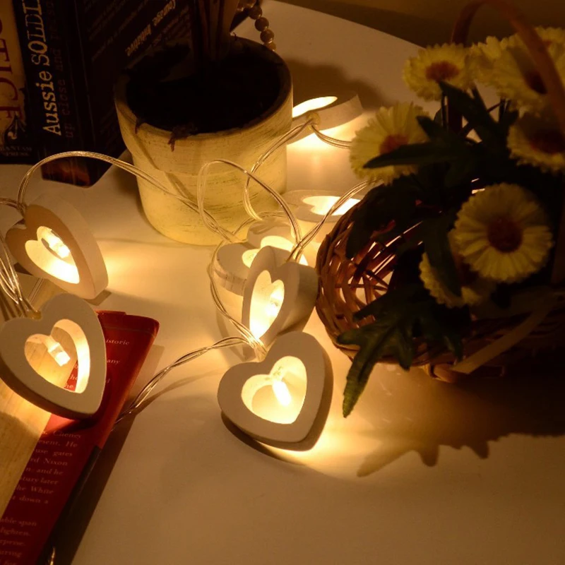 10 Wooden Heart Shape LED Fairy String Warm Lights Wedding Party Christmas Decor